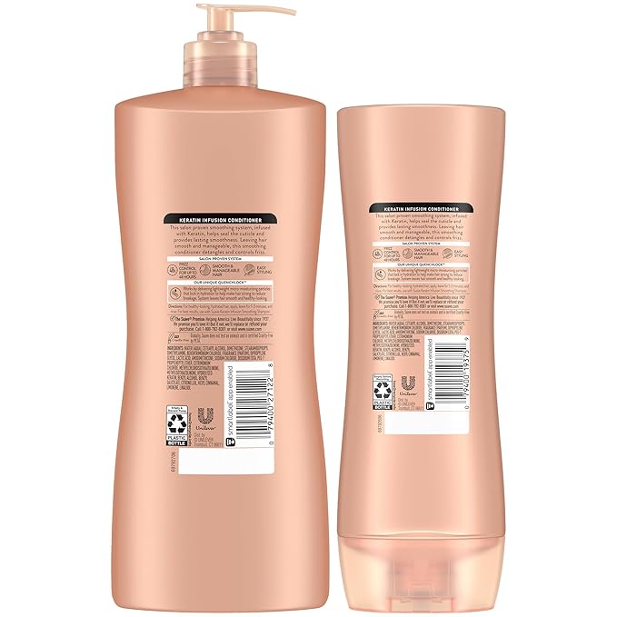 Suave Keratin Infusion Smoothing Conditioner 2-Size Bundle, Gentle Everyday Moisture for Smooth, Manageable Hair, 48H Frizz Control