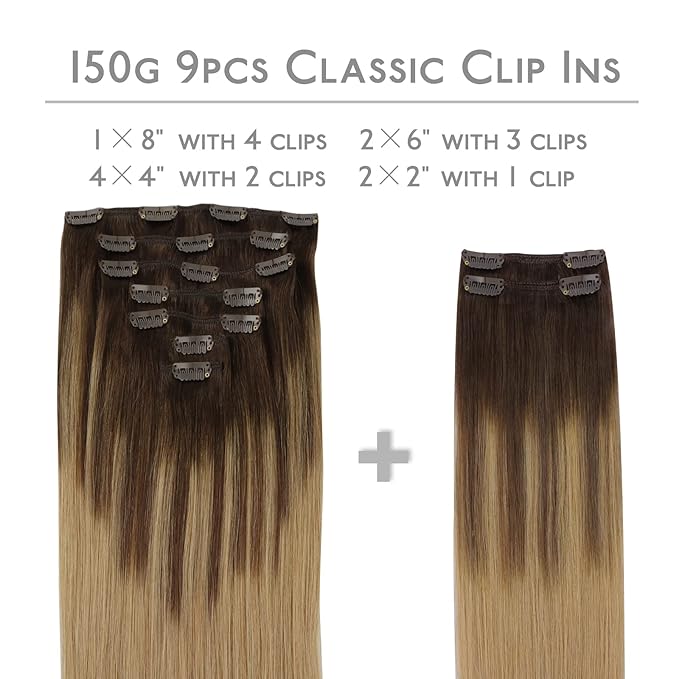 WENNALIFE Clip in Hair Extensions Real Human Hair, 20 Inch 150g 9pcs Human Hair Extensions Clip In, Balayage Chocolate Brown to Dirty Blonde Hair Extensions Clip In Real Remy Human Hair