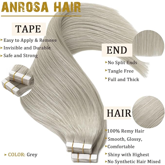 Anrosa Tape in Hair Extensions - Silky Grey Human Hair, Thick End Seamless Invisible for Women - 12 Inch, 50 Gram, 20pcs