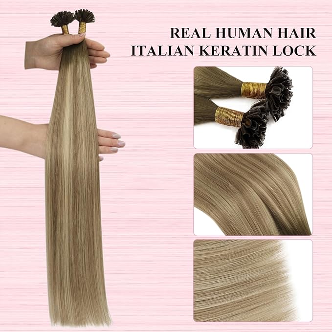YoungSee U Tip Hair Extensions Balayage Keratin Tip Hair Extensions Balayage 24 Inch Long Utip Extensions Dark Brown Ombre Brown with Blonde U Tips Hair Extensions Real Human Hair for Women 50s/50g