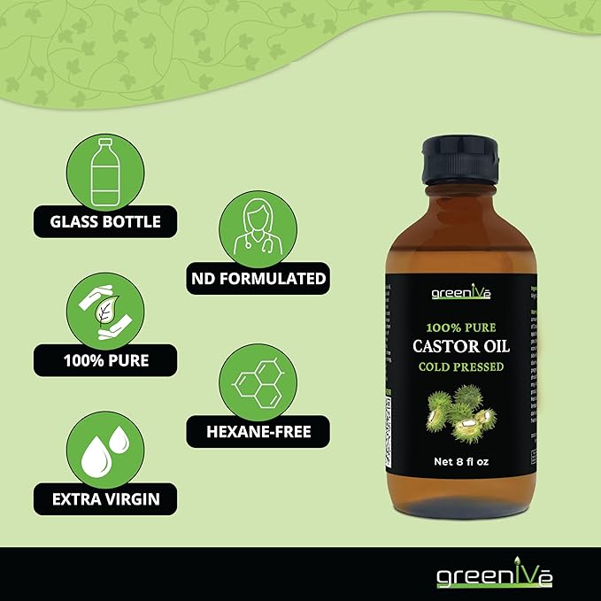 GreenIVe Castor Oil Organically Grown 100% Pure 8oz Glass Bottle Cold Pressed, Hexane Free, Eyelash and Eyebrow Growth Serum, Skin Moisturizer Detox and Wraps