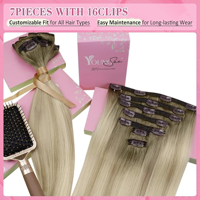 YoungSee 150g Clip in Hair Extensions Real Human Hair Ombre Blonde Clip in Extensions Light Ash Brown to Platinum Blonde Hair Extensions Clips in for Women 20Inch 7Pcs