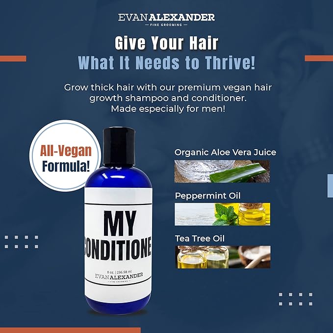 Evan Alexander Grooming MY Conditioner - Supports Hair Growth and Nourishes the Scalp with Peppermint Oil, Tea Tree Oil, Organic Aloe Vera - Vegan - 8 oz - Great Scent