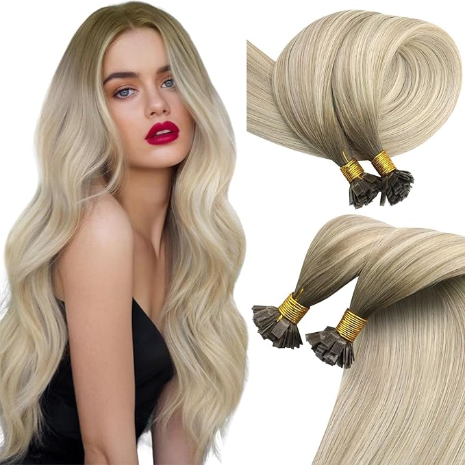 Sunny Hair Flat Tips Hair Extensions Blonde Keratin Hair Extensions Human Hair Balayage Cool Ash Grey Ombre Platinum Blonde Pre Bonded Hair Extensions Flat Tip 18inch 50g 50s