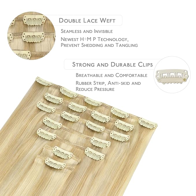 WENNALIFE Clip in Hair Extensions Real Human Hair, 22 Inch 160g 7pcs Remy Hair, Light Blonde Highlighted Golden Blonde Straight Clip Ins Natural Extensiones De Cabello Humano Con