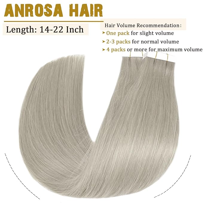 Anrosa Tape in Hair Extensions - Silky Grey Human Hair, Thick End Seamless Invisible for Women - 12 Inch, 50 Gram, 20pcs