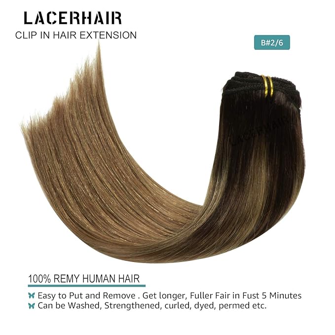 Lacer Dark Brown Roots Clip in Hair Extensions Human Hair Fading to Chestnut Brown Clip in Extensions 22 Inch for Long Natural Extensions Human Hair 140 Grams 7 Pcs