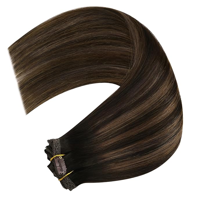 YoungSee 150G Clip in Hair Extensions Balayage Clip on Hair Extensions Dark Brown Mix Medium Brown Highlights Brown Balayage Clip in Extensions Real Hair Suitable for Special Occasions 7Pcs 20In 7Pcs