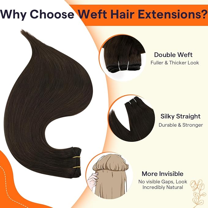 Full Shine Weft Human Hair Brown Sew in Real Hair Extensions #2 Dark Brown Weft Extensions Real Bundles for Women 105g 20 Inch