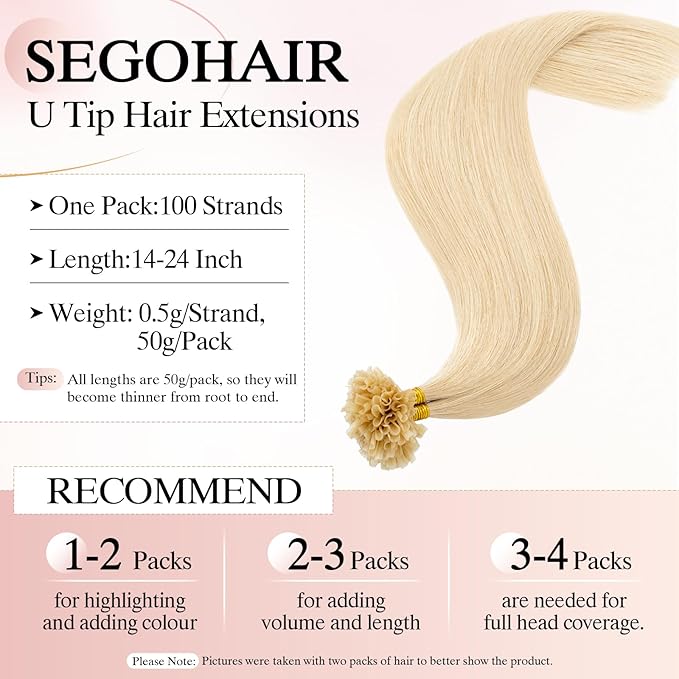 U Tip Hair Extensions Human Hair Pre Bonded Extensions Keratin Fusion Extensions K Tip Hair Extensions Real Human Hair Silky Straight Natural 50g/100 Stands 18" Bleach blonde
