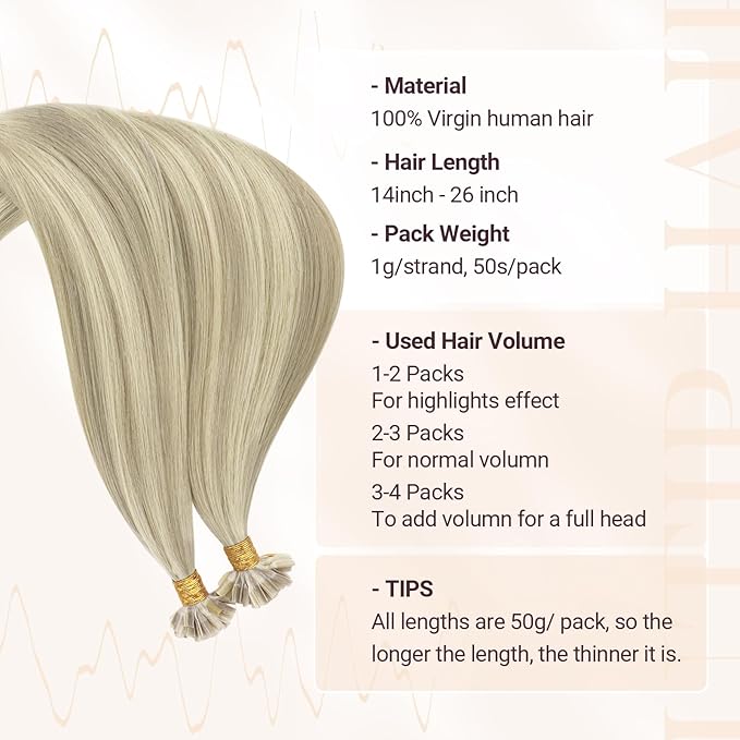MAXITA U Tip Hair Extensions Human Hair, Ash Blonde Highlighted Platinum Blonde Hair Extensions Real Human Hair, 50g/50 Strands/Pack, 18 In Virgin Human Hair
