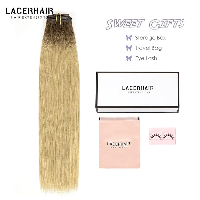 Lacer Seamless Clip in Hair Extensions Human Hair PU Glue Weft Clip on Hair Extensions R#4/18 Dark Brown with Ash Blonde Roots 16 Inch 110G 7pcs