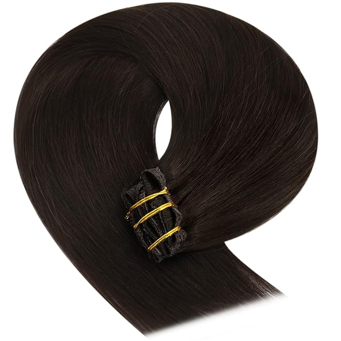 YoungSee Clip in Human Hair Extensions Brown Clip in Extensions Real Human Hair Darkest Brown Human Hair Clip in Extensions Ease to Use 22Inch 7Pcs 120G