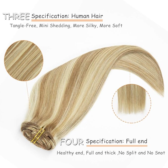 Caliee Clip in Hair Extensions Human Hair for Women Long Soft Silky Double Weft Lace Clip ins P10-613 Highlight Golden Brown and Bleach Blonde 7PCS 20 Inch 120G Real Hair Clip in Hair Extensions