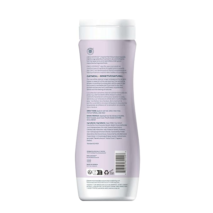 ATTITUDE Hair Shampoo for Sensitive Dry Scalp, EWG Verified, Soothing Oat, For Thin Hair, Naturally Derived Ingredients, Vegan and Plant-Based, Volume and Shine, Chamomile, 16 Fl Oz (Pack of 6)
