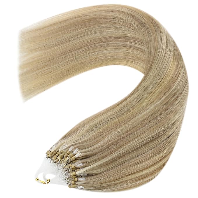 YoungSee Microlink Hair Extensions Human Hair Golden Blonde Mix Blonde Highlight Micro Bead Hair Extensions Real Human Hair for Women 22In 50g 50s Bead Hair Extension Long Lasting Hair Extension