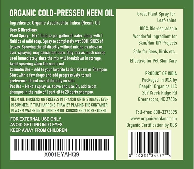 Verdana Pure Neem Oil for Plants – 1 Quart (32 Fl Oz) – Organic, Cold Pressed, Unrefined, Non-GMO – 100% Natural Spray for Plant Leaf Shine, DIY Beauty, Soap Making – No Additives