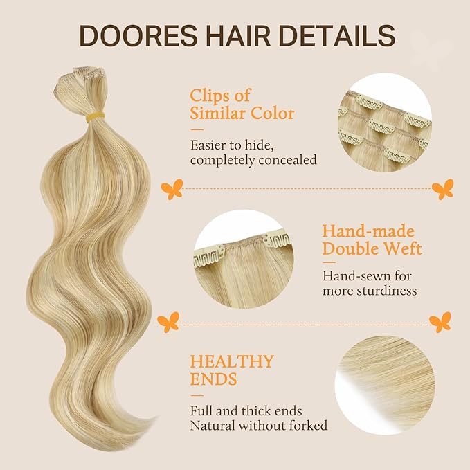 DOORES 18 Inch 9pcs Clip in Human Hair Extensions, Real Human Hair, Dirty Blonde Highlight Golden Blonde, Super Thick 150g, Wavy