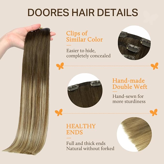 DOORES Hair Extensions Real Human Hair, Balayage Dark Blonde Highlighted Bleach Blonde 150g 18 Inch 9pcs, Clip in Hair Extensions Human Hair Extensions Human Hair Natural Straight Natural Thick Hair