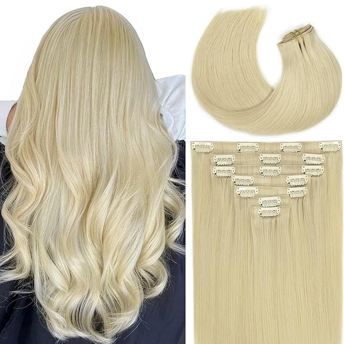 Lacer Hair 7 Pieces Seamless Human Hair Clip in Extensions Comfortable Ultra-Thin PU Skin Weft #60 Bleach Blonde Clip in Hair Extensions for Women Clip In 110g for Any Hair Type 18 Inch Thick Ends