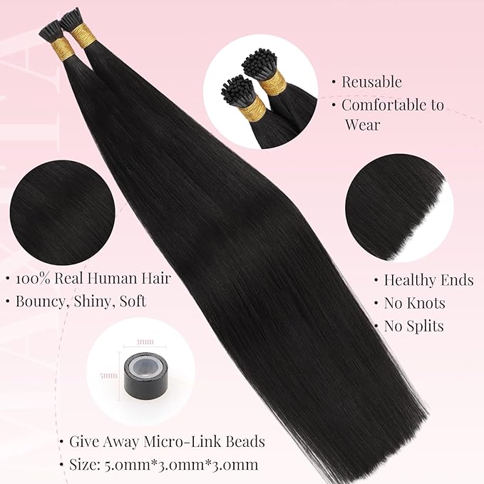 MAXITA I Tip Hair Extensions Human Hair,50g/100s Natural Black 14 Inch Comfortable Wear, Invisible & Natural Cold Fusion, 100% Remy Human Hair Itip Keratin Hair Extensions