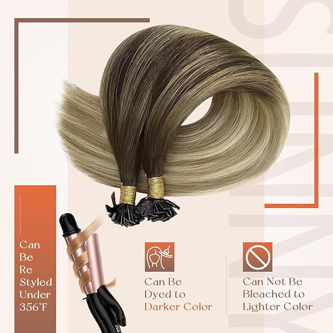 Sunny Hair Flat Tip Hair Extensions Human Hair Balayage Brown Blonde Hair Extensions Keratin Tip 20inch Keratin Fusion Human Hair Extensions for Women 50g