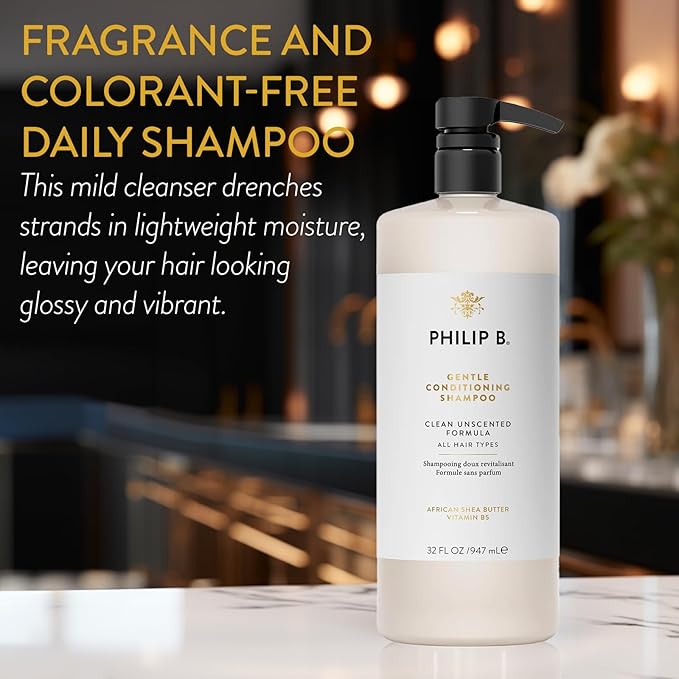 PHILIP B Gentle Conditioning Shampoo, 32 fl. oz. (947 ml) - Light-Weight Unscented Cleanser Adds Softness & Shine, With Shea Butter & Vitamin B5