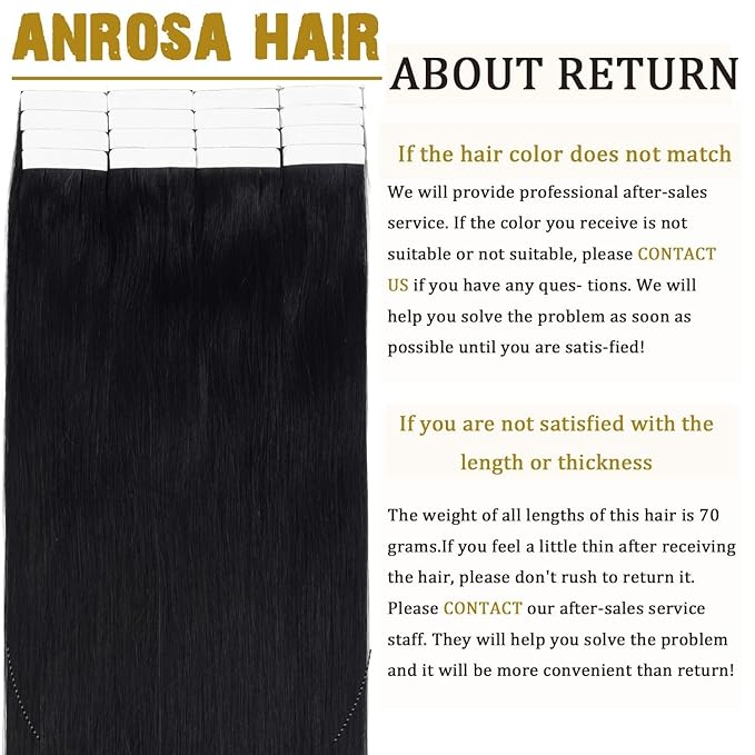 Anrosa Real Human Hair Tape in Extensions Black 20Inch Double Sided Tape for Skin Weft Hair Extensions 50Gram Color Jet Black Seamless Tape in Hair Extensions Straight Human Hair 20Pcs Silky