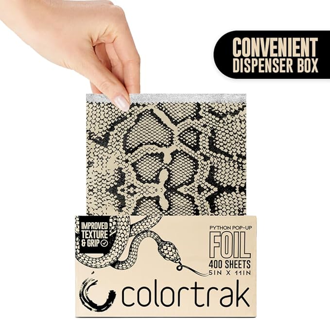 Colortrak Python Pop-up Foil W/Dispenser (400 Count), Pre-cut Sheets, Non-Slip Embossed Texture, 5" x 11" Sheets for Hair Foil Coloring and Highlighting Sheet Applications