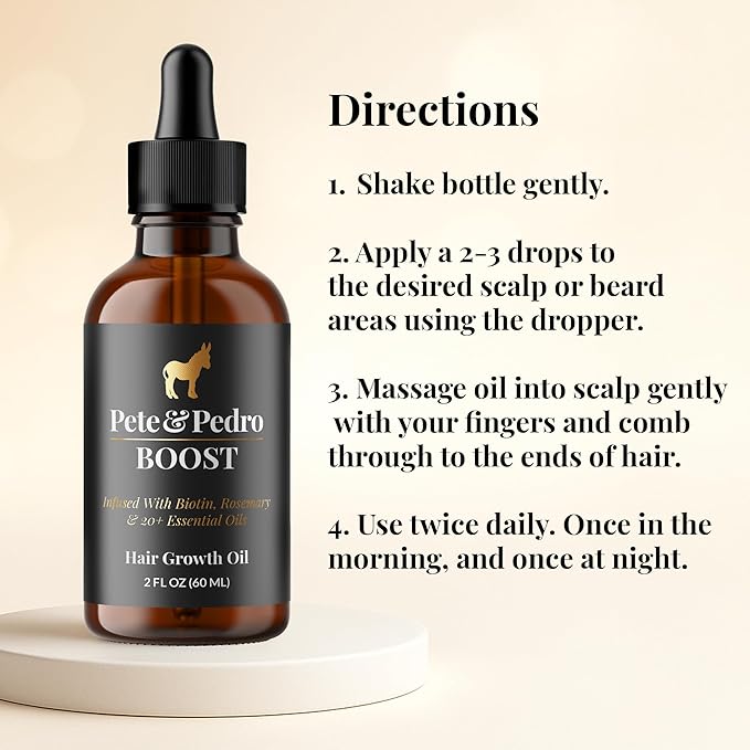 Pete & Pedro BOOST Hair & Beard Growth Serum Strengthening Oil For Men & Women - With Rosemary, Biotin & 20+ Natural Essential Oils | Shark Tank Featured, 2 oz.