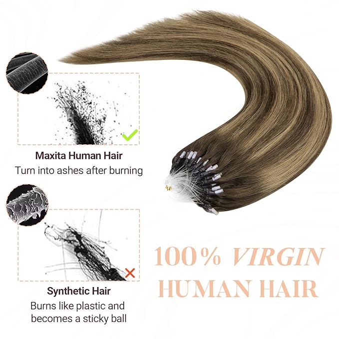 MAXITA Microlink Hair Extensions Human Hair Balayage Dark Brown Mixed Chestnut Brown Micro Bead Hair Extensions Virgin Human Hair, 50g/50 Strands/Pack, 22 In