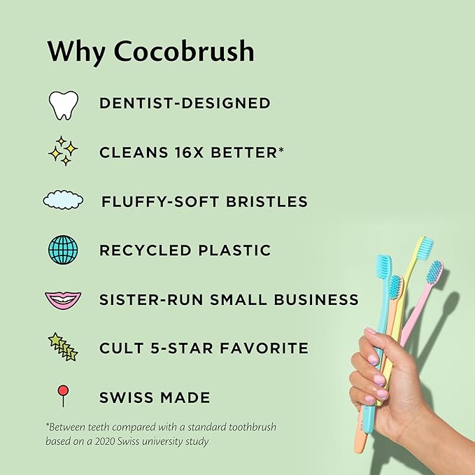 Cocofloss Cocobrush, Ultra-Soft Manual Toothbrush, Dentist-Designed, Gentle on Gums, Made from Recycled Plastic, Rainbow Set, Multipack of 4