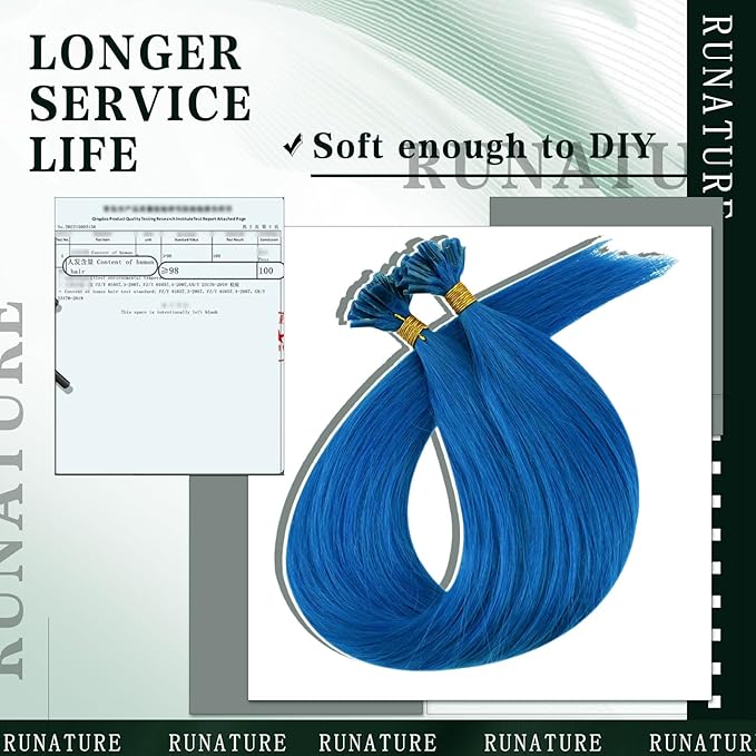 RUNATURE U Tip Hair Extensions Human Hair Colored Blue 20 Inch Long Pre Bonded Utips Real Hair Extensions for Kids Party Blue Highlight Keratin U Tips Remy Hair Extensions Invisible 25g 25 Strands