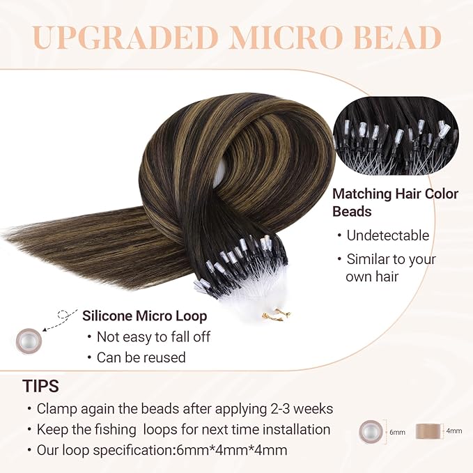 MAXITA Microlink Hair Extensions Human Hair Balayage Dark Brown Mixed Chestnut Brown Micro Bead Hair Extensions Virgin Human Hair, 50g/50 Strands/Pack, 18 In