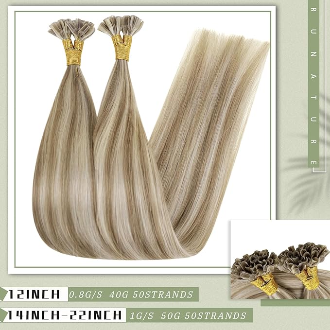 RUNATURE Ktip Human Hair Extensions Ash Brown with Platinum Blonde Keratin U Tip Hair Extensions Hot Fusion Utip Hair Extensions Human Hair Straight K Tip Hair Extensions Silky 16 Inch 50g 50s