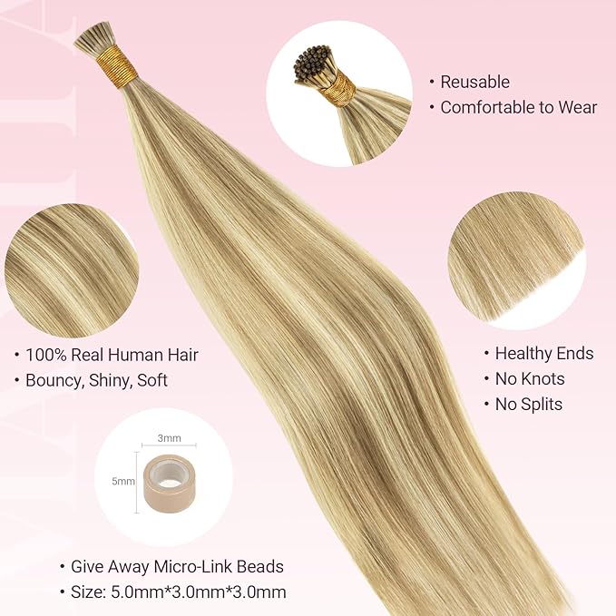 MAXITA I Tip Hair Extensions Human Hair,50g/100s Light Blonde Highlighted Golden Blonde 16 Inch Comfortable Wear, Invisible & Natural Cold Fusion, 100% Remy Human Hair Itip Keratin Hair Extensions