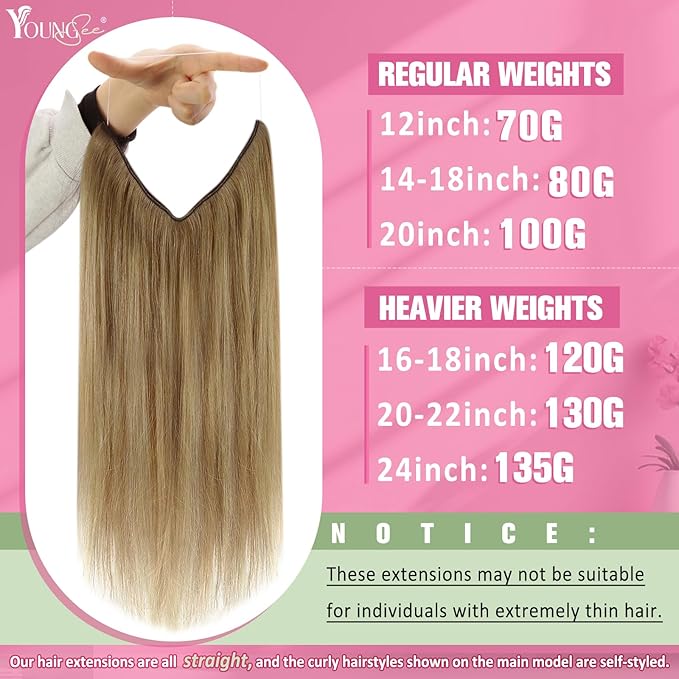 YoungSee Wire Hair Extensions Real Human Hair Balayage Wire Hair Extensions Light Brown with Platinum Blonde and Brown #8/60/8 Layered Hair Extensions Human Hair Fish Line Hair Extensions 16Inch 80G