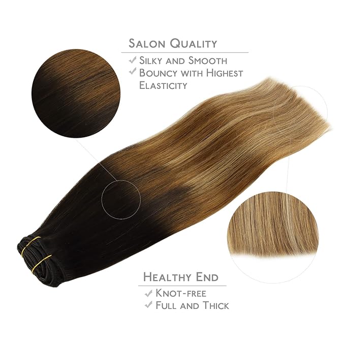 WENNALIFE Clip in Hair Extensions Real Human Hair, 16 Inch 120g 7pcs Dark Brown to Chestnut Brown and Dirty Blonde Highlighted Clip In Human Hair Remy Clip in Hair Extensions Double Weft