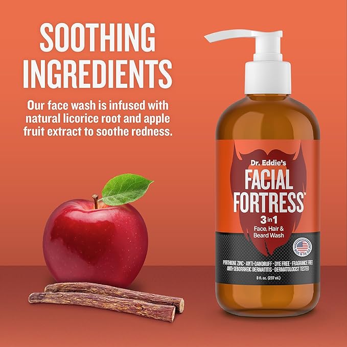 Dr. Eddie's Facial Fortress 3 in 1 Face, Hair, & Beard Wash - Beard and Face Wash for Men, Beard Cleanser, Face Soap, Beard Care, Dandruff Shampoo with Pyrithione Zinc - 8 Fl Oz (Pack of 1)