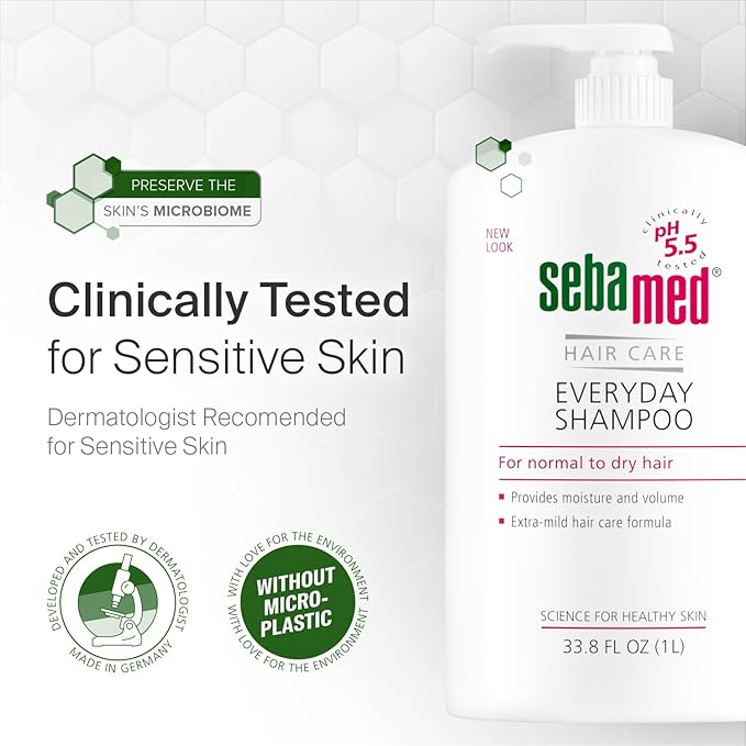 SEBAMED seba med Everyday Shampoo for All Hair Types and Sensitive Scalp 33.8 Fl. Oz (1L) Hypoallergenic Dermatologist Recommended pH 5.5 Soap and Alkali Free