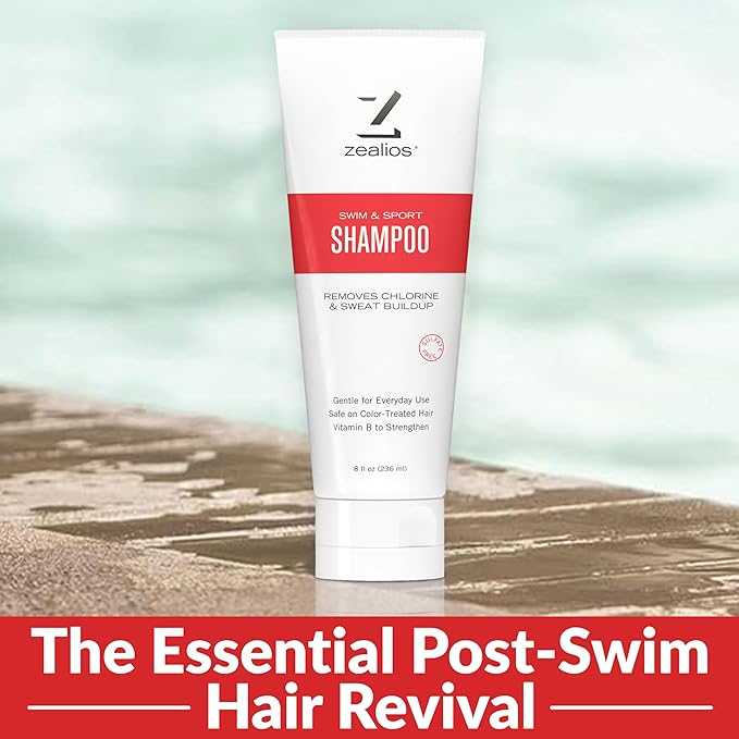 Zealios Sport Clarifying Shampoo, 8 oz Squeeze Tube for Extremely Damaged Hair, Pool Hair Repair & Protector - Sulfate-Free, Moisturizing Chlorine & Salt Removal, Color-Safe, Citrus Scent for Swimmers
