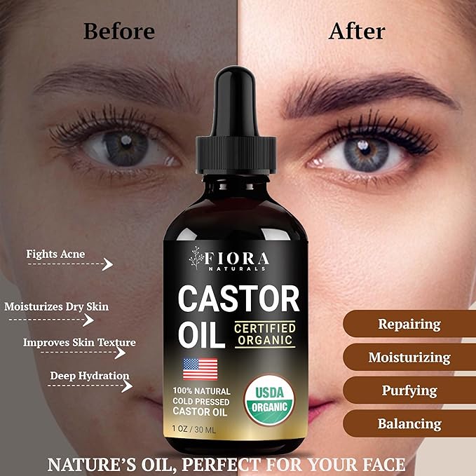 Castor Oil Organic Cold Pressed Unrefined Glass Bottle | For Hair Growth, Skin, in Pack Wraps, Eyelashes & Brows | USDA Certified, 100% Pure Organic Castor Oil | Hexane Free | 16oz, 1oz