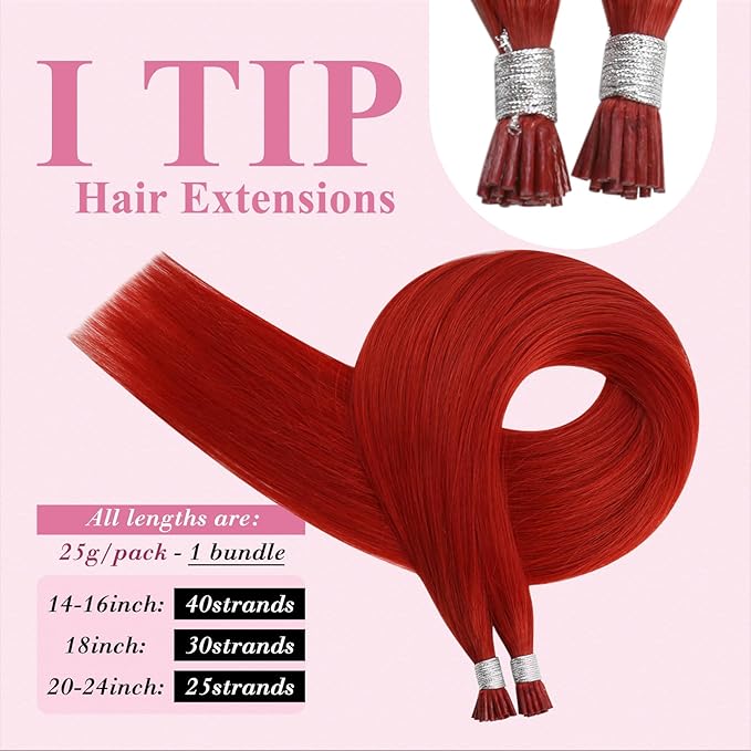 YoungSee Red I Tip Hair Extensions 25g Red I Tips Hair Extensions Real Human Hair Colored Keratin Tip Extensions 18In 30s Color Hair Extension for Women Girls Cosplay Invisible Extensions Human Hair