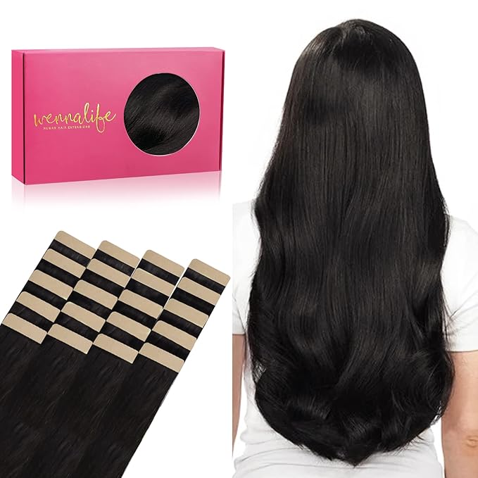 WENNALIFE Tape in Hair Extensions Human Hair, 20pcs 50g 22 inch Natural Black Remy Hair Extensions Straight Human Hair Tape in Extensions Skin Weft Tape Extensions Human Hair