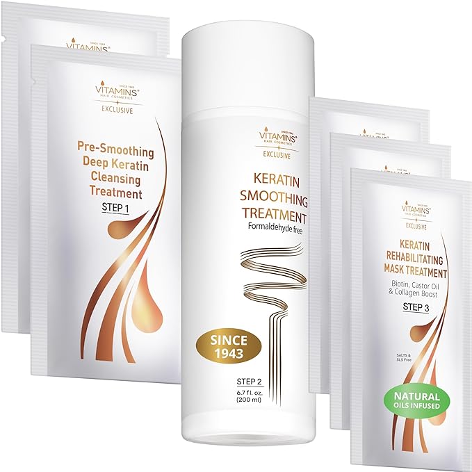 VITAMINS hair cosmetics Keratin Hair Treatment Straightening Kit - Salon Like at Home Keratin Treatment Formaldehyde Free - Hair Smoothing, Nourishing & Revitalizing 3-Step System