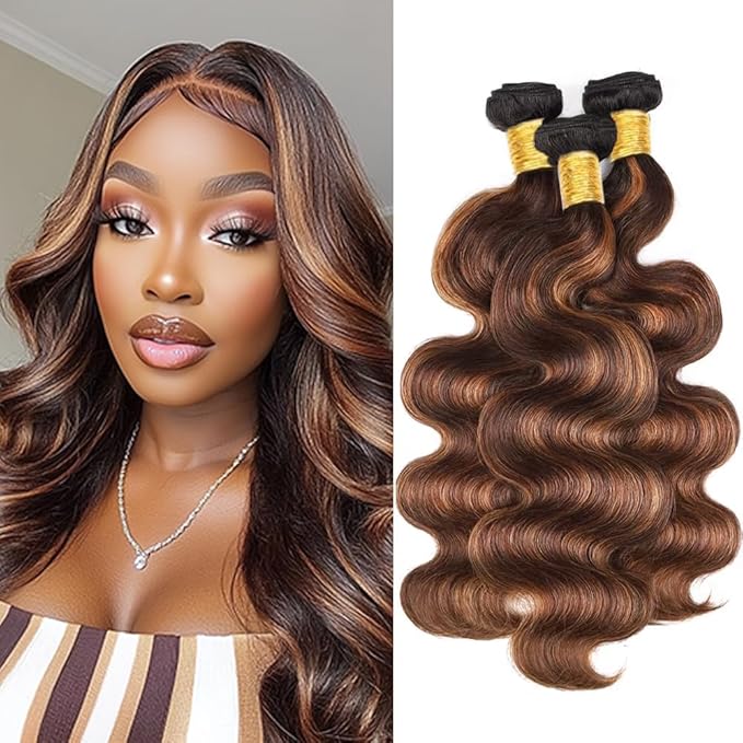 Ombre P430 Highlight Body Wave Bundles Brown and Light Brown Body Wave Bundles two tone Double Weft Brazilian Human Hair Soft and Silky for Black Women 20 22 24 Inch