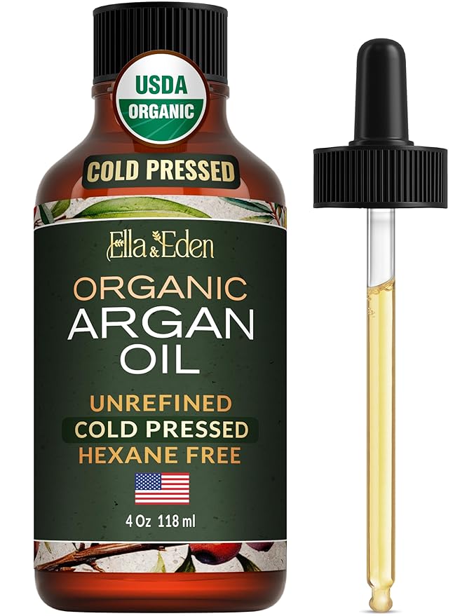 Ella & Eden Organic Argan Oil for Hair, Face & Skin | 100% Pure, USDA Certified, Cold-Pressed & Unrefined Moroccan Oil in Glass Bottle – 4 Oz
