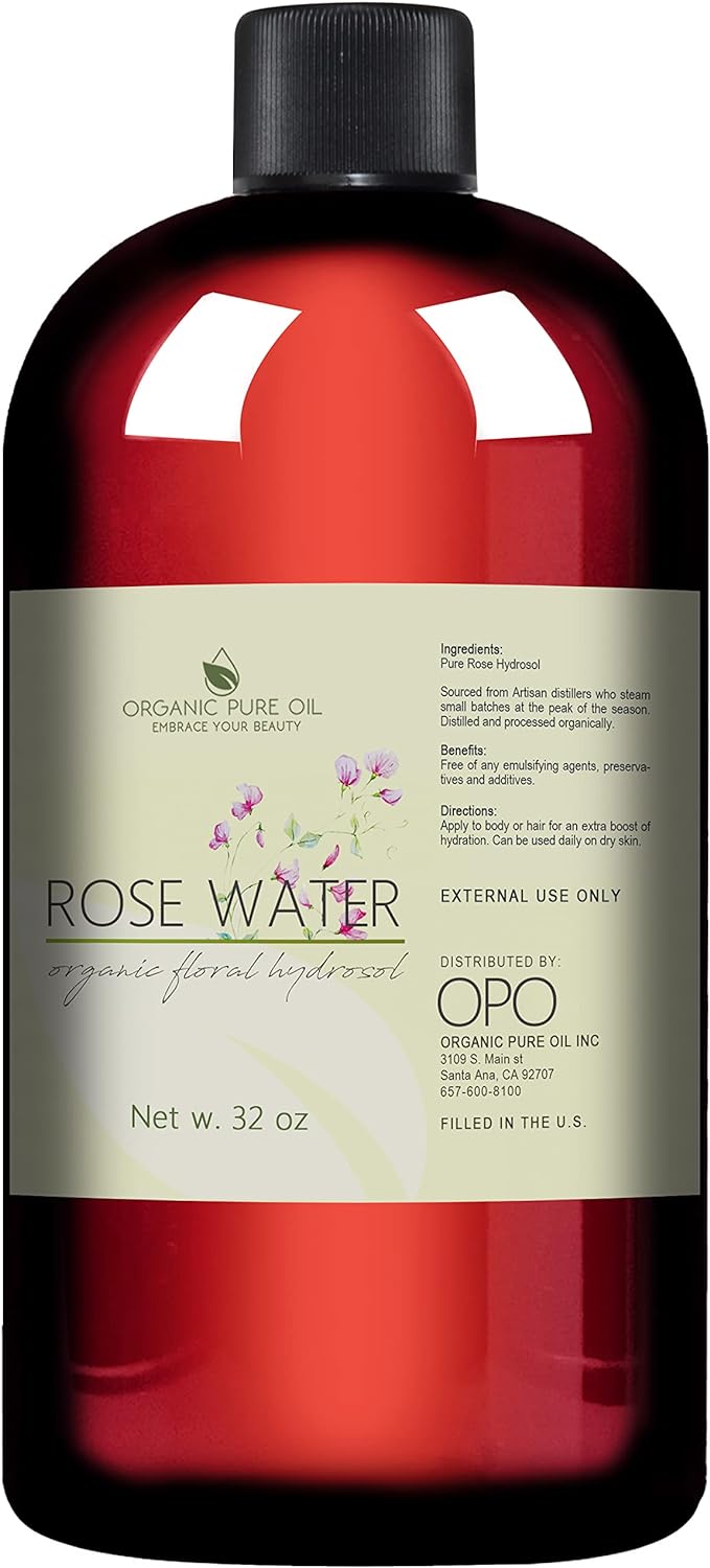 32 oz Rose Hydrosol Water β 100% Pure Rosewater Spray Mist Bulk β Hydrating Face Toner Rose Water for Skin and Hair Linen Spray for Sheets Room Freshener Body Spray Refill by Organic Pure Oil