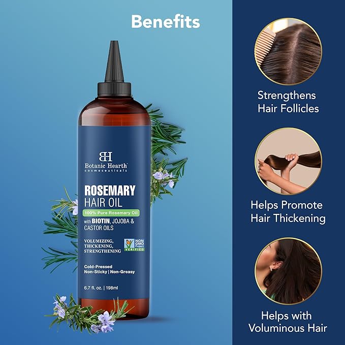 Botanic Hearth 100% Pure Rosemary Oil For Hair Growth & Scalp (6.7 Fl Oz, Pack Of 2) | Infused With Biotin, Jojoba Oil & Castor Oil | Hair Strengthening Treatment | Nourishing & Volumizing