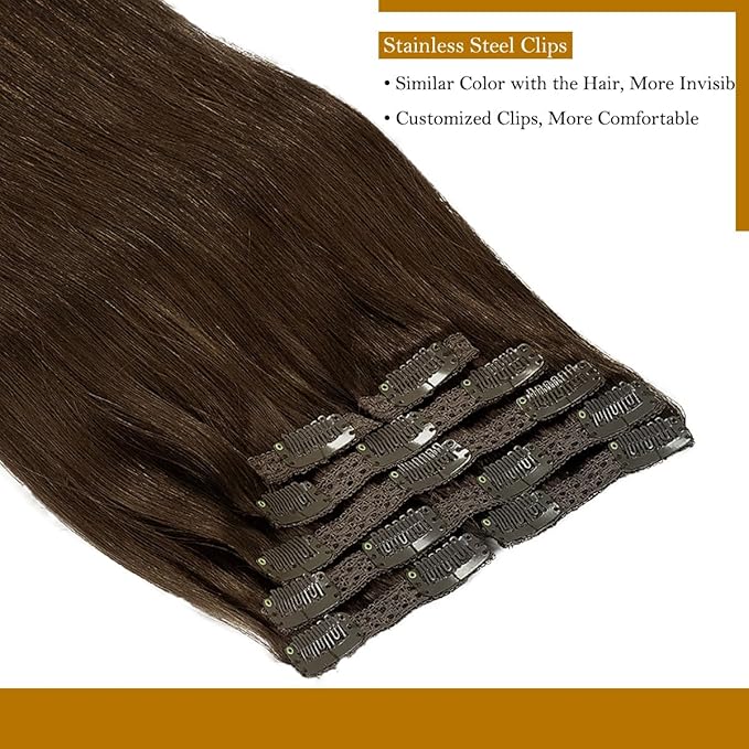 Loxxy 22inch Clip In Hair Extensions Brown Real Human Hair Clip Ins Extensions Light Dark Brown Double Weft Straight Real Hair Extensions Clip in Human Hair Thick Ends Full Head 140G 7PCS